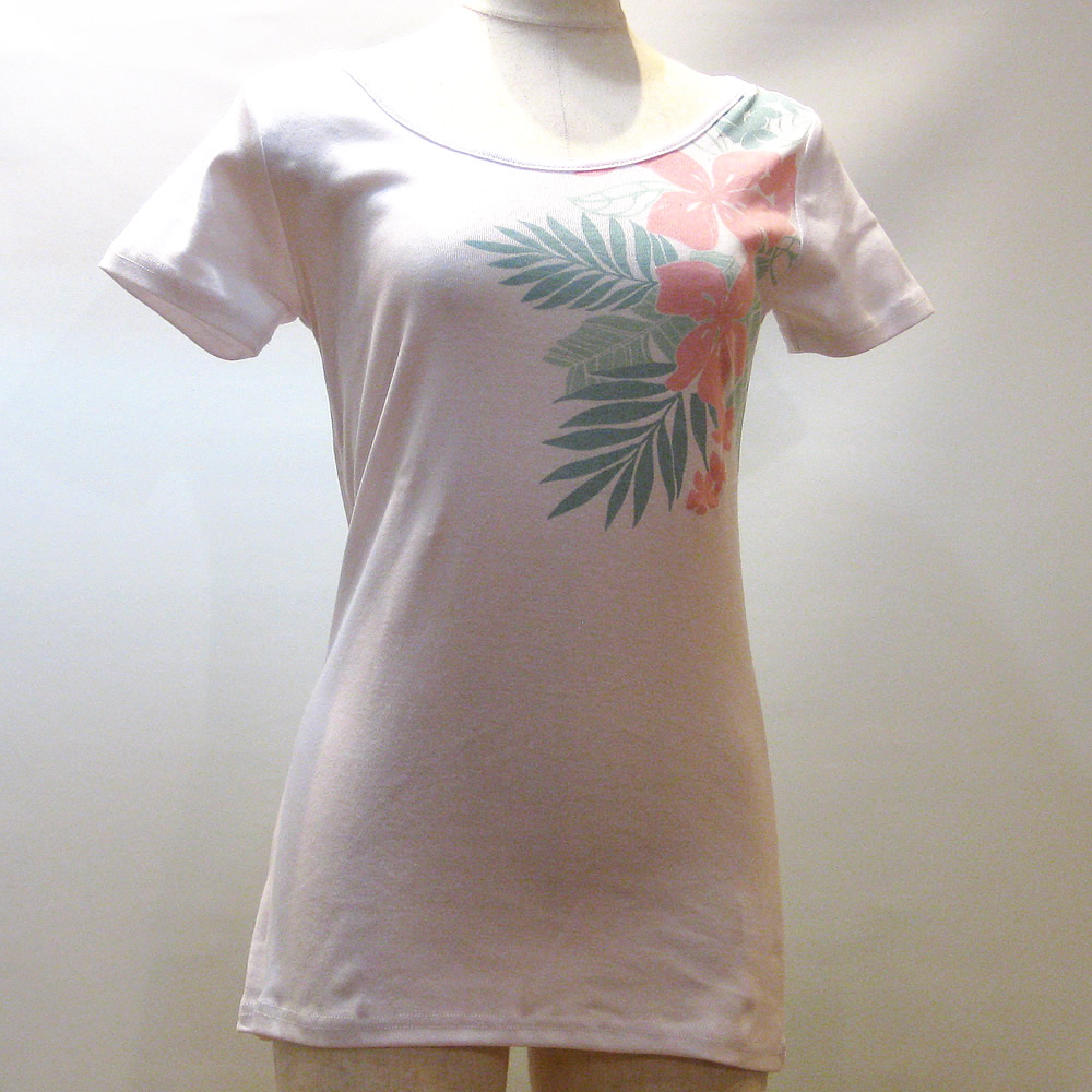 フラダンス　フライスTシャツ　プルメリアリーフ　ホワイト